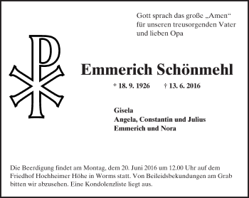 Traueranzeige von Emmerich Schönmehl von Trauerportal Rhein Main Presse