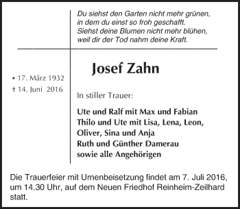 Traueranzeige von Josef Zahn von Trauerportal Echo Online
