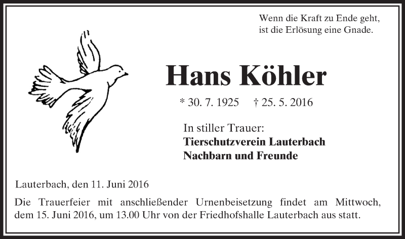  Traueranzeige für Hans Köhler vom 11.06.2016 aus VRM Trauer