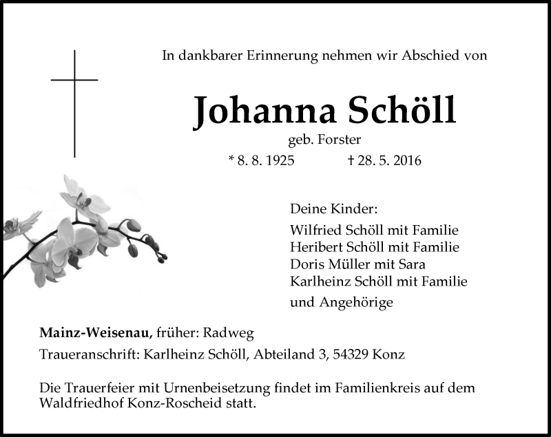  Traueranzeige für Johanna Schöll vom 04.06.2016 aus  Allgemeine Zeitung Mainz