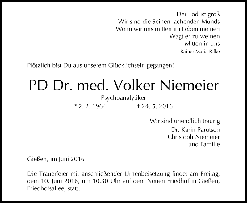  Traueranzeige für Volker Niemeier vom 04.06.2016 aus  Gießener Anzeiger