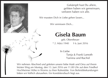 Traueranzeige von Gisela Baum von  Wormser Zeitung