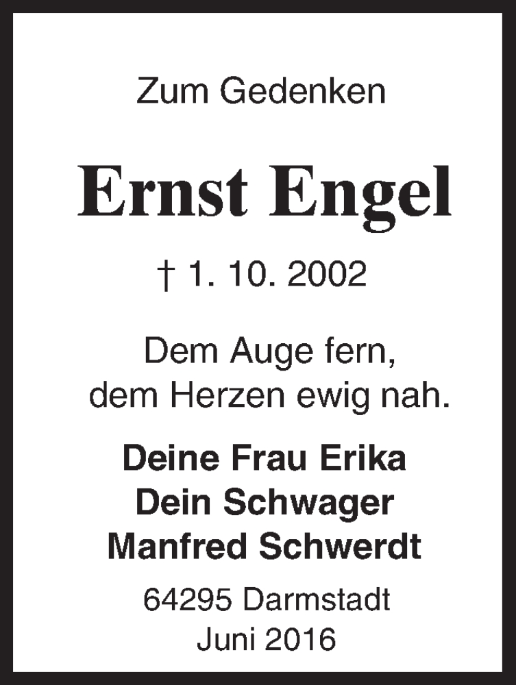  Traueranzeige für Ernst Engel vom 17.06.2016 aus Trauerportal Echo Online