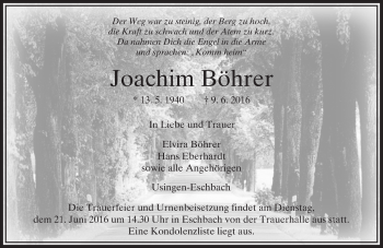 Traueranzeige von Joachim Böhrer von  Usinger Anzeiger