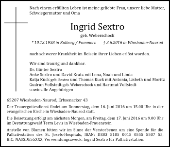 Traueranzeige von Ingrid Sextro von  Wiesbaden komplett