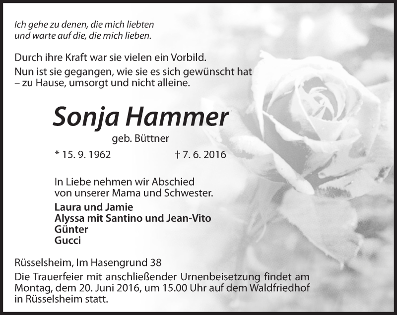  Traueranzeige für Sonja Hammer vom 11.06.2016 aus  Mainspitze