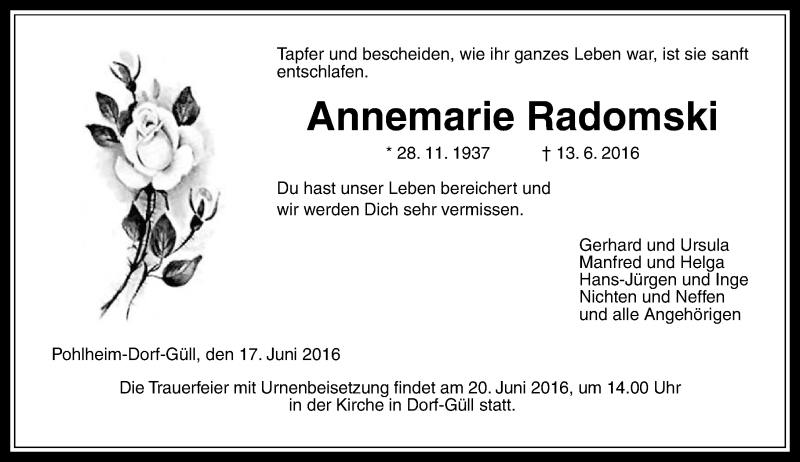  Traueranzeige für Annemarie Radomski vom 17.06.2016 aus  Gießener Anzeiger