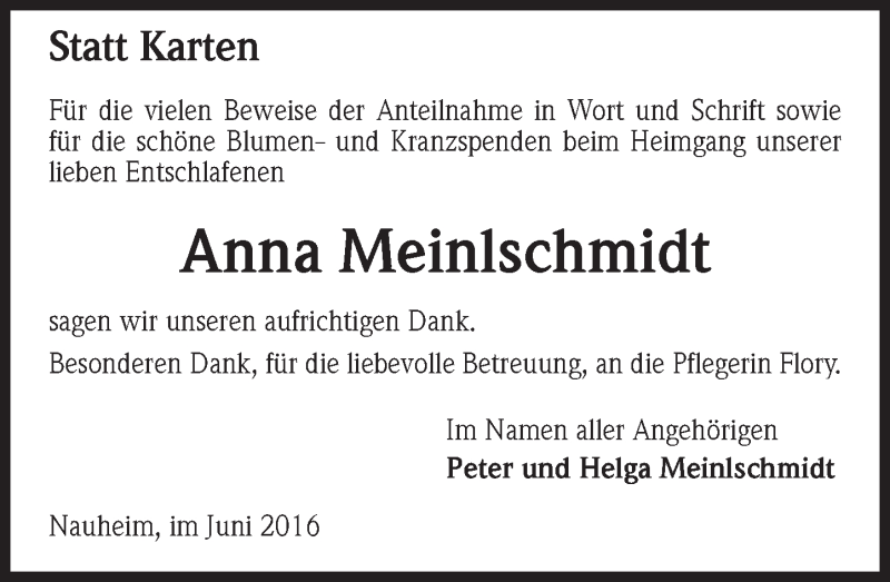  Traueranzeige für Anna Meinlschmidt vom 25.06.2016 aus Trauerportal Rhein Main Presse