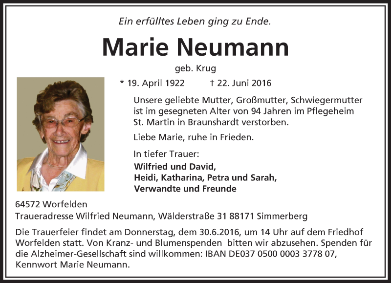  Traueranzeige für Marie Neumann vom 27.06.2016 aus Trauerportal Echo Online
