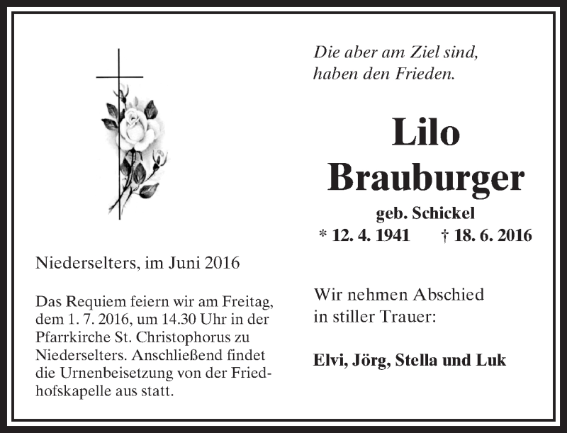  Traueranzeige für Lilo Brauburger vom 30.06.2016 aus  Camberger Anzeiger