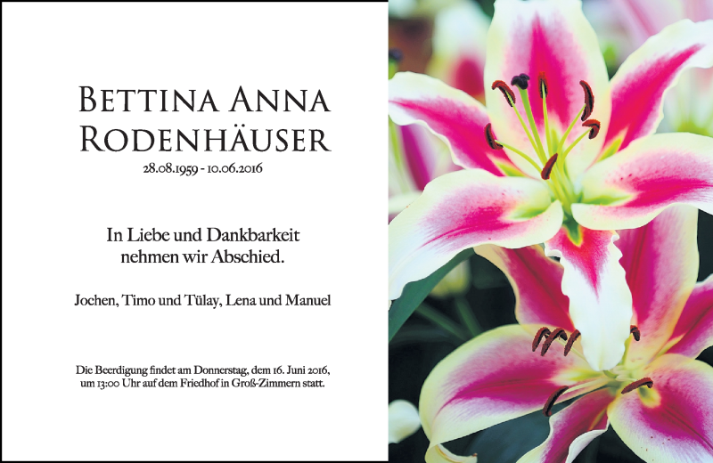 Traueranzeige für Bettina Anna Rodenhäuser vom 14.06.2016 aus Trauerportal Echo Online