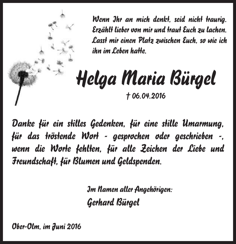  Traueranzeige für Helga Maria Bürgel vom 04.06.2016 aus  Allgemeine Zeitung Mainz
