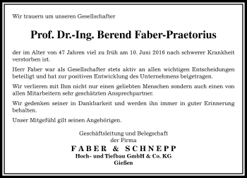 Traueranzeige von Horst Berend Faber-Praetorius von  Gießener Anzeiger