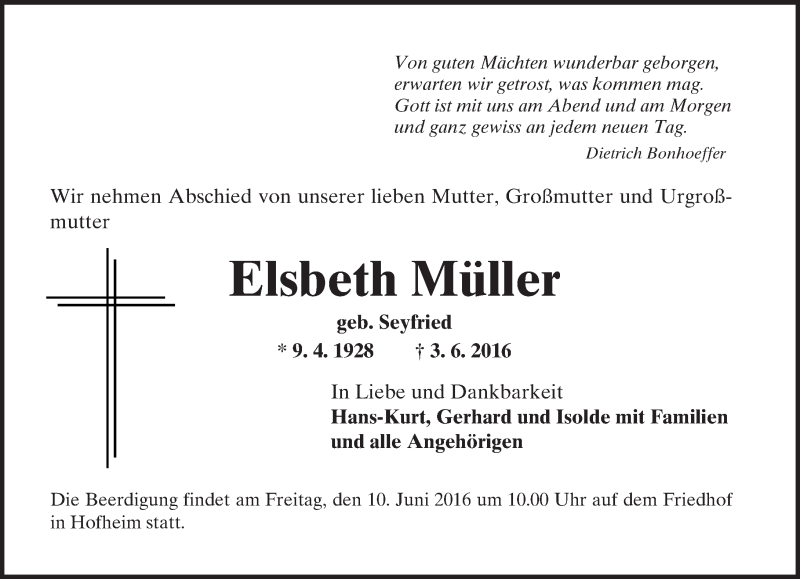  Traueranzeige für Elsbeth Müller vom 08.06.2016 aus Trauerportal Echo Online