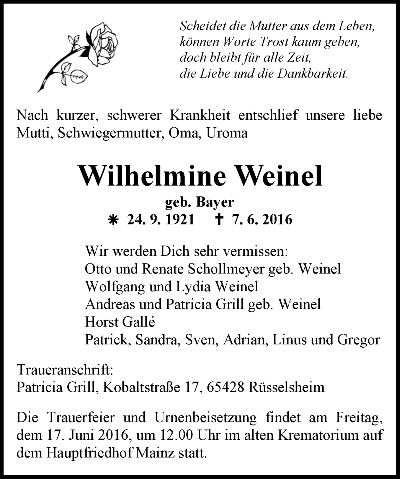  Traueranzeige für Wilhelmine Weinel vom 11.06.2016 aus  Mainspitze