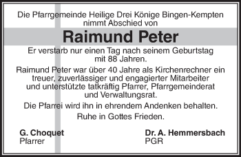 Traueranzeige von Raimund Peter von  Allgemeine  Zeitung Ingelheim-Bingen
