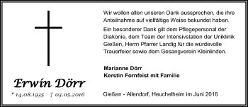 Traueranzeige von Erwin Dörr von  Gießener Anzeiger