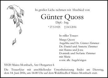 Traueranzeige von Günter Quoss von  Allgemeine Zeitung Mainz