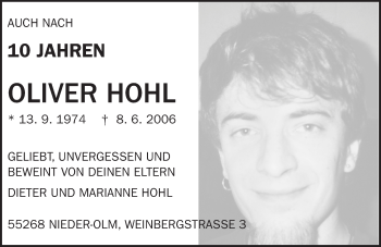 Traueranzeige von Oliver Hohl von  Allgemeine  Zeitung Ingelheim-Bingen