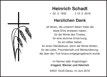 Traueranzeige von Heinrich Schadt von Trauerportal Echo Online