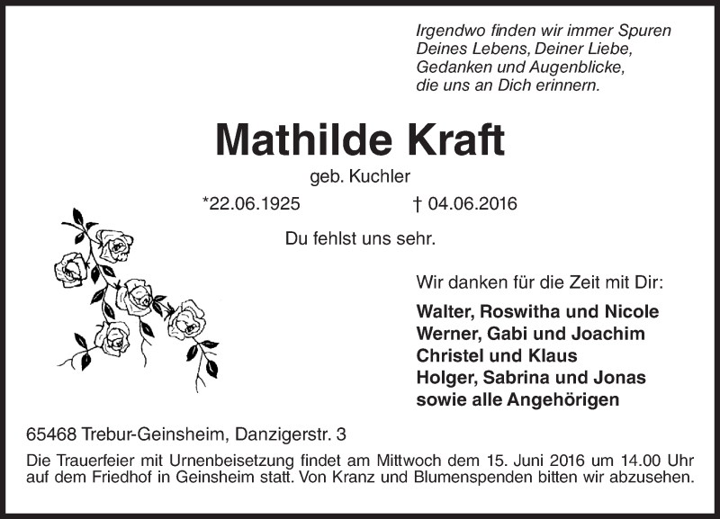  Traueranzeige für Mathilde Kraft vom 11.06.2016 aus Trauerportal Echo Online