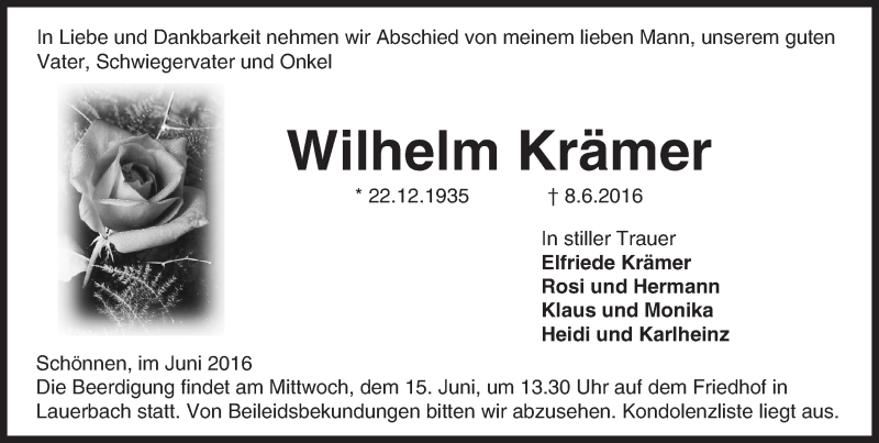  Traueranzeige für Wilhelm Krämer vom 14.06.2016 aus Trauerportal Echo Online