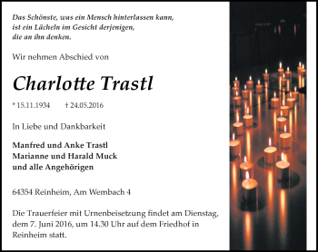 Traueranzeige von Charlotte Trastl von Trauerportal Echo Online