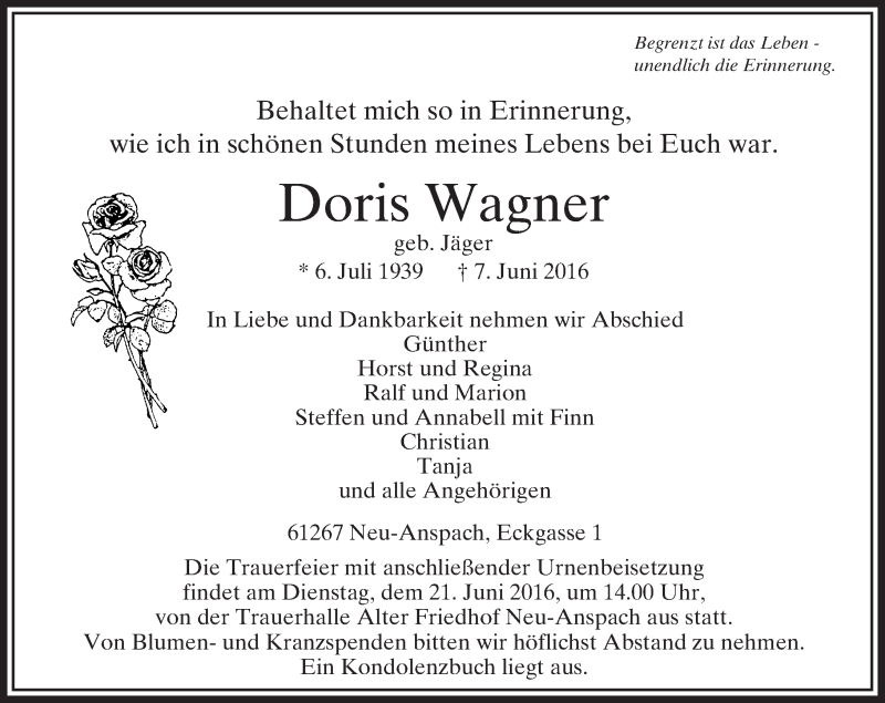  Traueranzeige für Doris Wagner vom 17.06.2016 aus  Usinger Anzeiger