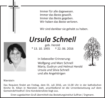 Traueranzeige von Ursula Schnell von Trauerportal Rhein Main Presse