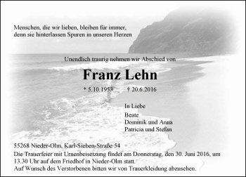 Traueranzeige von Franz Lehn von Trauerportal Rhein Main Presse