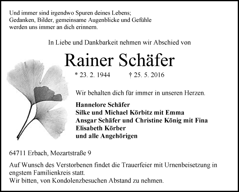  Traueranzeige für Rainer Schäfer vom 04.06.2016 aus Trauerportal Echo Online