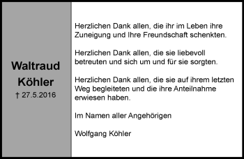 Traueranzeige von Waltraud Köhler von Trauerportal Echo Online