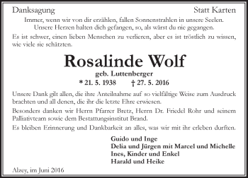 Traueranzeige von Rosalinde Wolf von  Allgemeine Zeitung Alzey