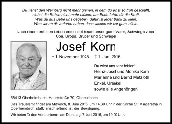 Traueranzeige von Josef Korn von  Allgemeine  Zeitung Ingelheim-Bingen