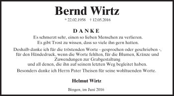 Traueranzeige von Bernd Wirtz von  Allgemeine  Zeitung Ingelheim-Bingen