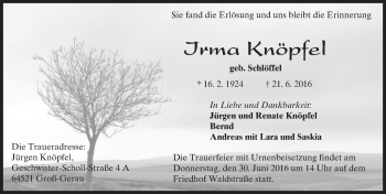 Traueranzeige von Irma Knöpfel von Trauerportal Echo Online