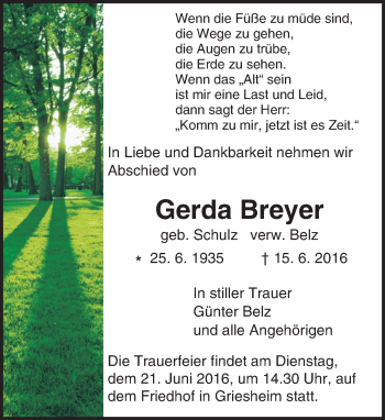 Traueranzeige von Gerda Breyer von Trauerportal Echo Online