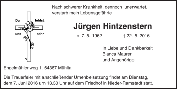 Traueranzeige von Jürgen Hintzenstern von Trauerportal Echo Online