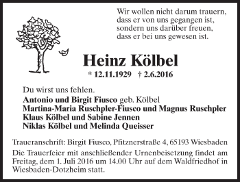 Traueranzeige von Heinz Kölbel von Trauerportal Rhein Main Presse