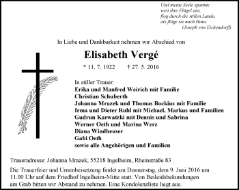 Traueranzeige von Elisabeth Verge von  Allgemeine  Zeitung Ingelheim-Bingen