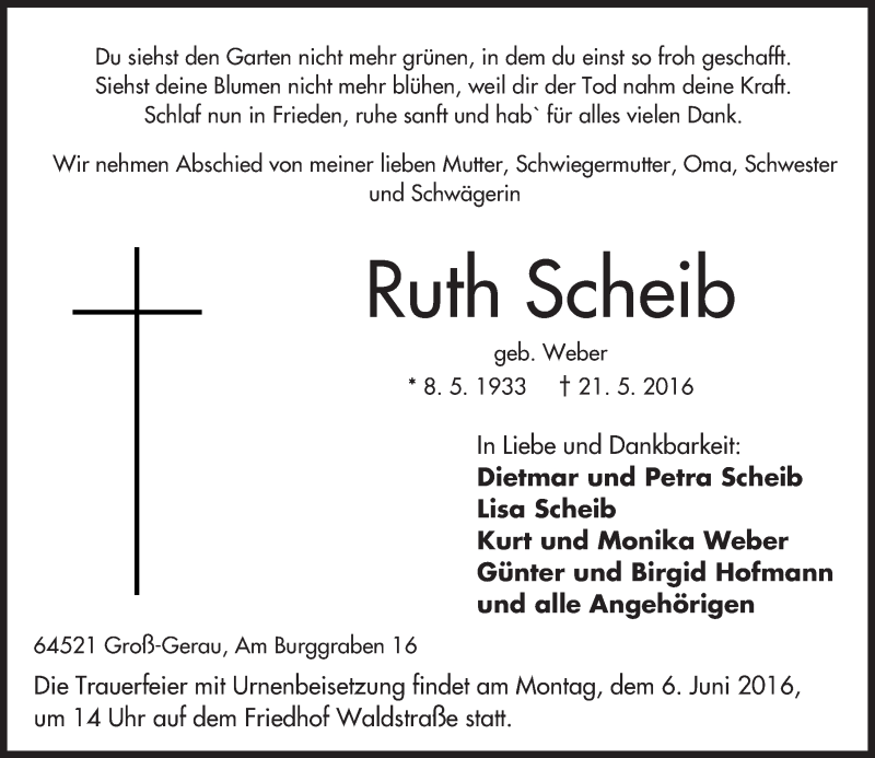  Traueranzeige für Ruth Scheib vom 01.06.2016 aus Trauerportal Echo Online