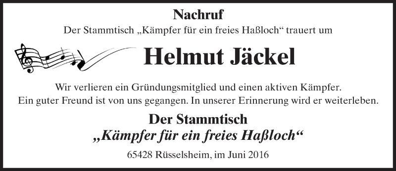  Traueranzeige für Helmut Jäckel vom 15.06.2016 aus Trauerportal Rhein Main Presse