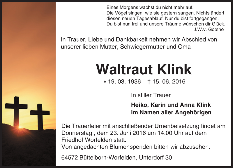  Traueranzeige für Waltraut Klink vom 18.06.2016 aus Trauerportal Echo Online