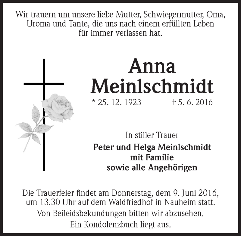  Traueranzeige für Anna Meinlschmidt vom 07.06.2016 aus  Mainspitze