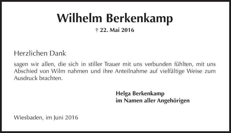  Traueranzeige für Wilhelm Berkenkamp vom 11.06.2016 aus  Wiesbaden komplett