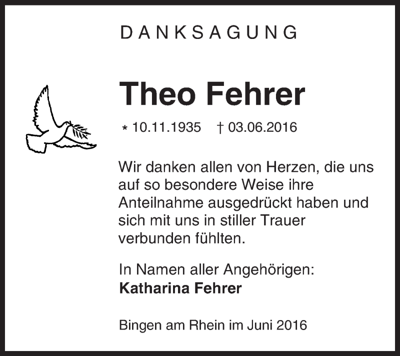  Traueranzeige für Theo Fehrer vom 25.06.2016 aus Trauerportal Rhein Main Presse