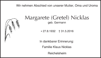 Traueranzeige von Margarete Nicklas von Trauerportal Echo Online