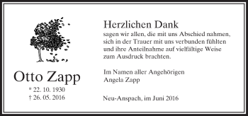Traueranzeige von Otto Zapp von  Usinger Anzeiger