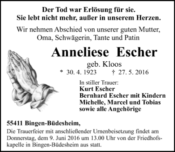 Traueranzeige von Anneliese Escher von  Allgemeine  Zeitung Ingelheim-Bingen