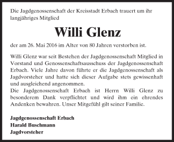 Traueranzeige von Willi Glenz von Trauerportal Echo Online